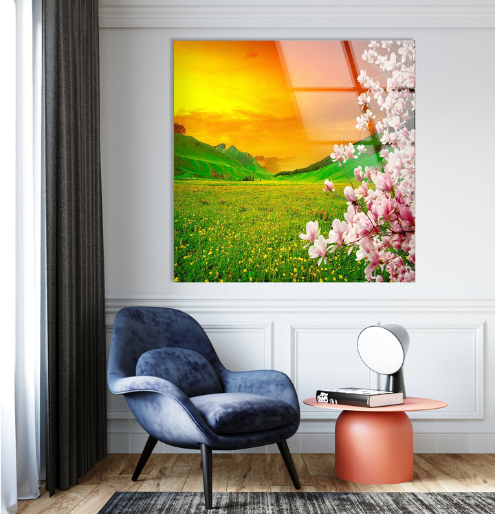 Sunset Meadow Glass Wall Art – Beautiful Spring Landscape with Blossoming Flowers