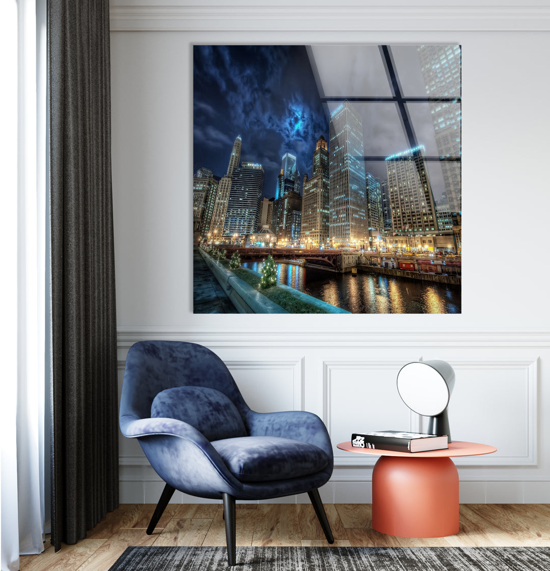 Chicago Skyline Glass Wall Art – Majestic View of Chicago's Iconic River & Skyscrapers at Night