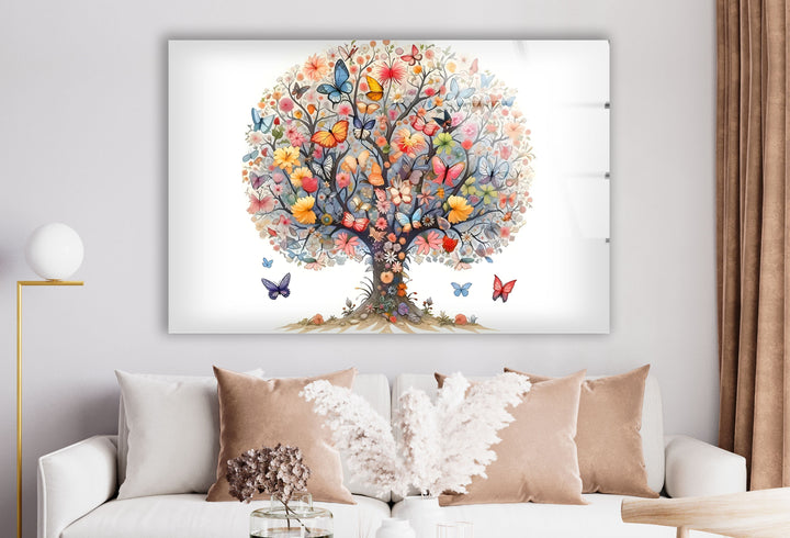 Flower & Butterfly Tree Glass Wall Art glass photo prints, glass picture prints
