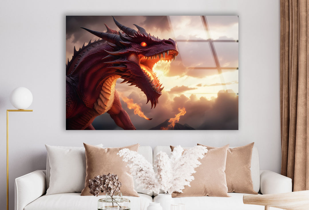 A fearsome dragon with glowing features in a dramatic sunset battle scene.
