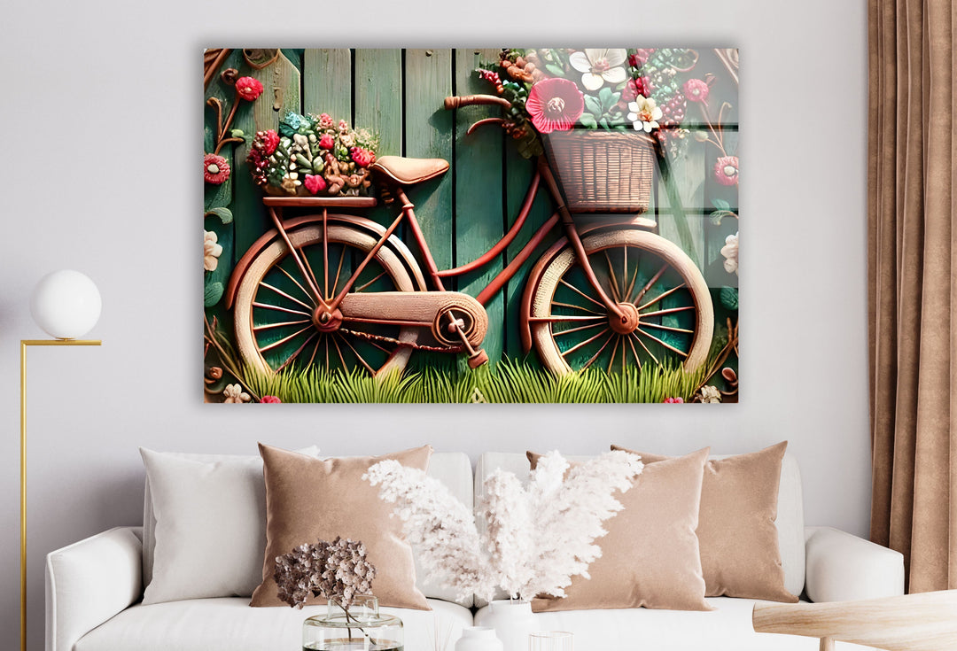  Bicycle with Flowers Glass Wall Art large glass photo prints, glass wall photos
