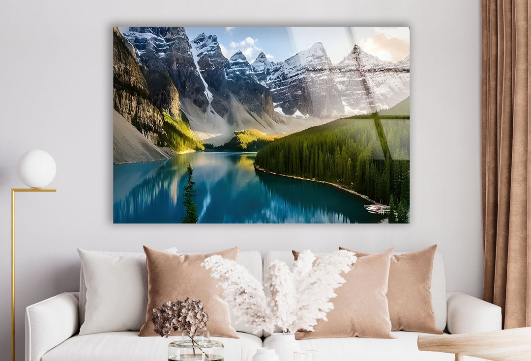 Vivid Snowy Mountains & Trees Glass Wall Art print on glass, glass printed photos
