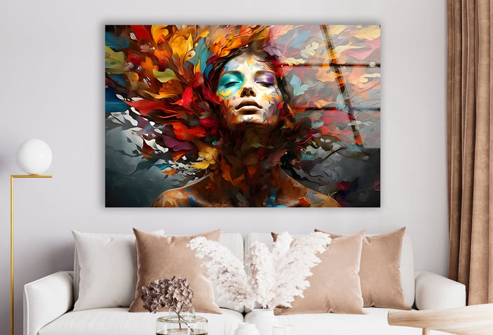 Woman with Colored Leafs Glass Wall Art glass pictures for Wall, glass prints wall art
