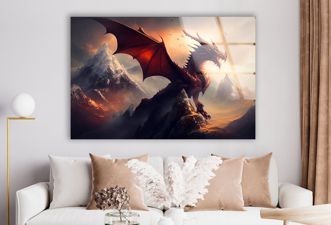 Fierce dragon with fiery wings standing tall against a dramatic mountainous backdrop.
