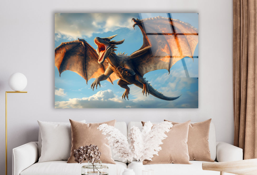 Vibrant dragon in flight, its fiery presence lighting up the sky.
