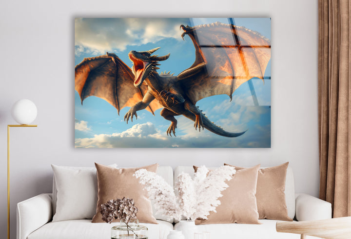 Vibrant dragon in flight, its fiery presence lighting up the sky.
