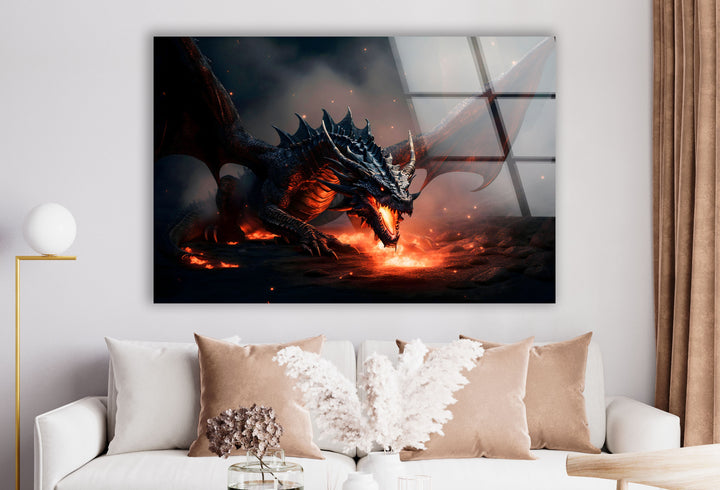 Fierce mythical dragon with fiery wings and glowing eyes in a dramatic setting.
