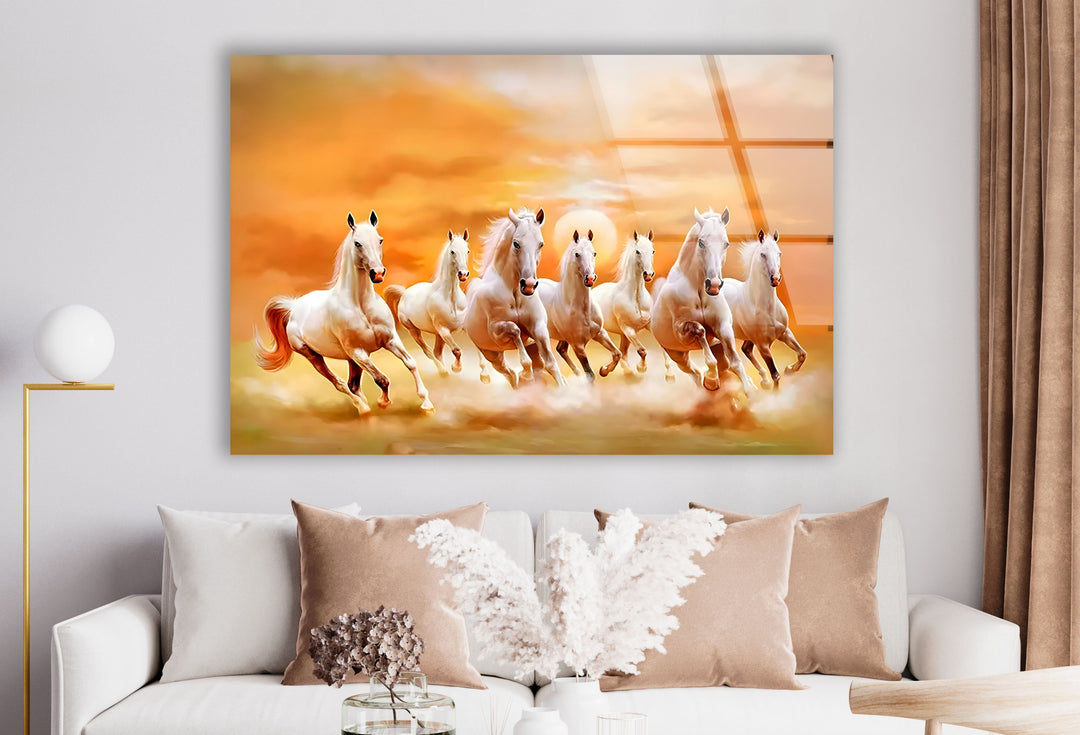 White Horses Running on Sunset Glass Wall Art large glass photo prints, glass wall photos
