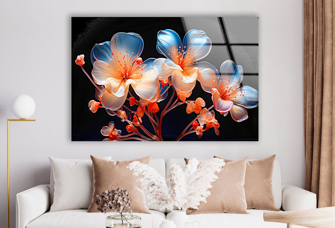 Orange & Blue Flower Glass Wall Art print on glass, glass printed photos
