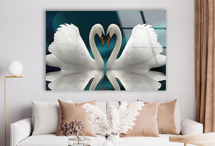 Couple Heart Swans Glass Wall Art picture on glass wall art, photos printed on glass
