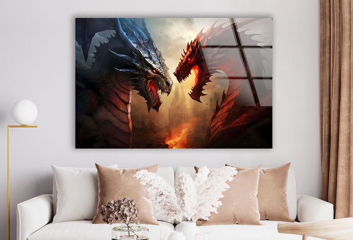 Powerful dragon showdown with flames erupting in a dramatic battle scene.
