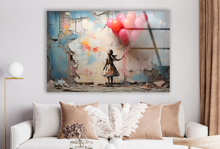 Girl Holding Balloon Glass Wall Art glass pictures for Wall, glass prints wall art
