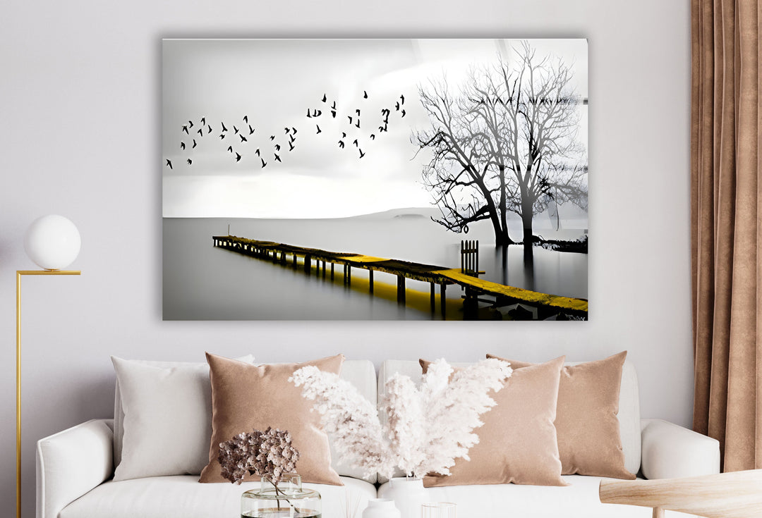 Black & White Dock and Birds Glass Wall Art art glass wall art, glass wall art pictures
