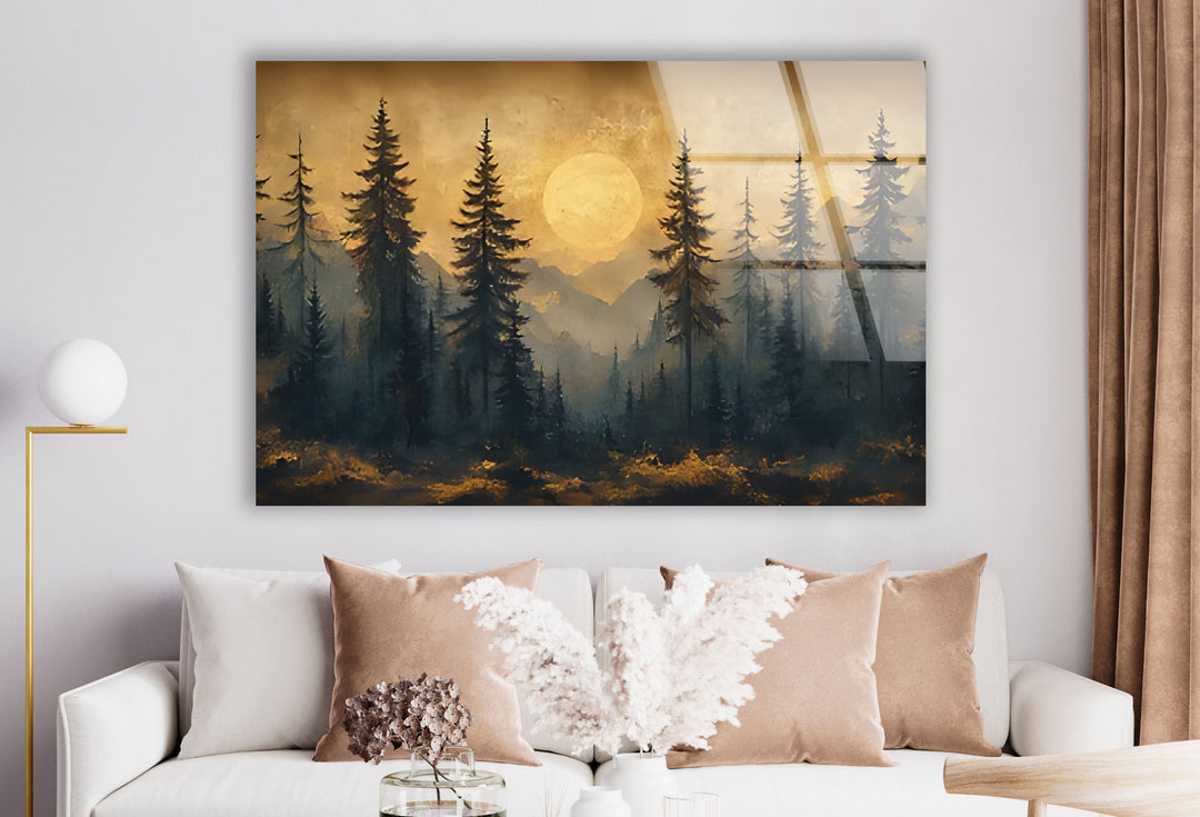 Sunset Forest Landscape Glass Wall Art photo print on glass, prints on glass wall art
