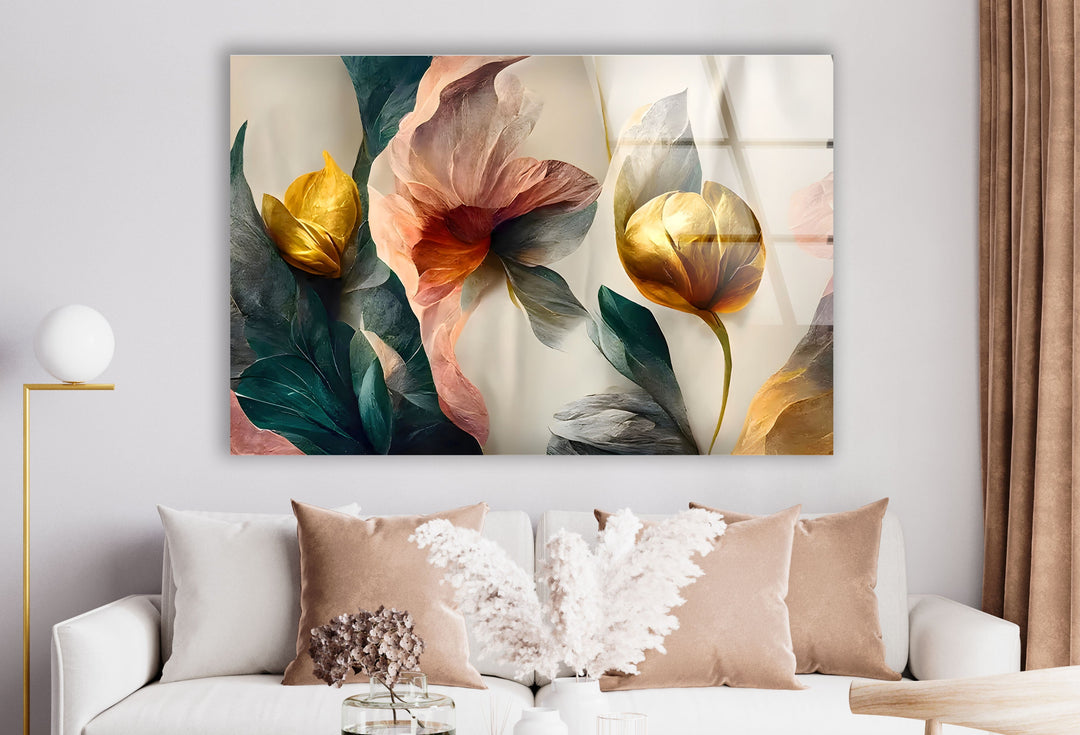 Abstract Golden Details Pink Flower Glass Wall Art glass art painting, glass art for the Wall
