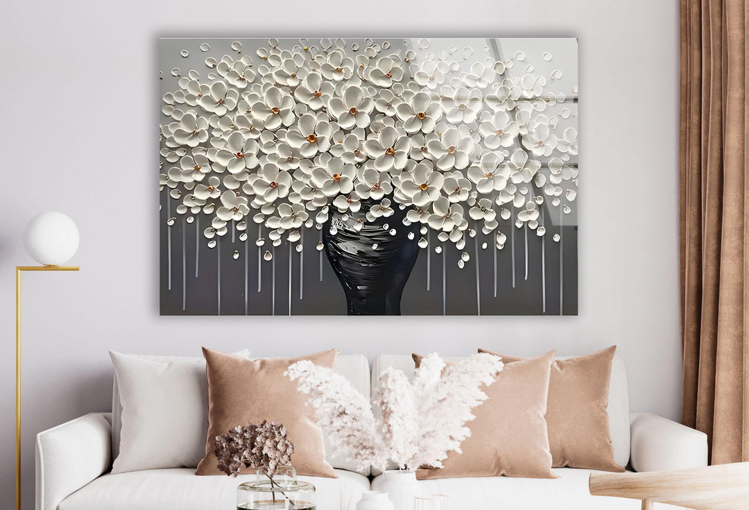 White Flowers and Grey Vase Glass Wall Art glass pictures for Wall, glass prints wall art
