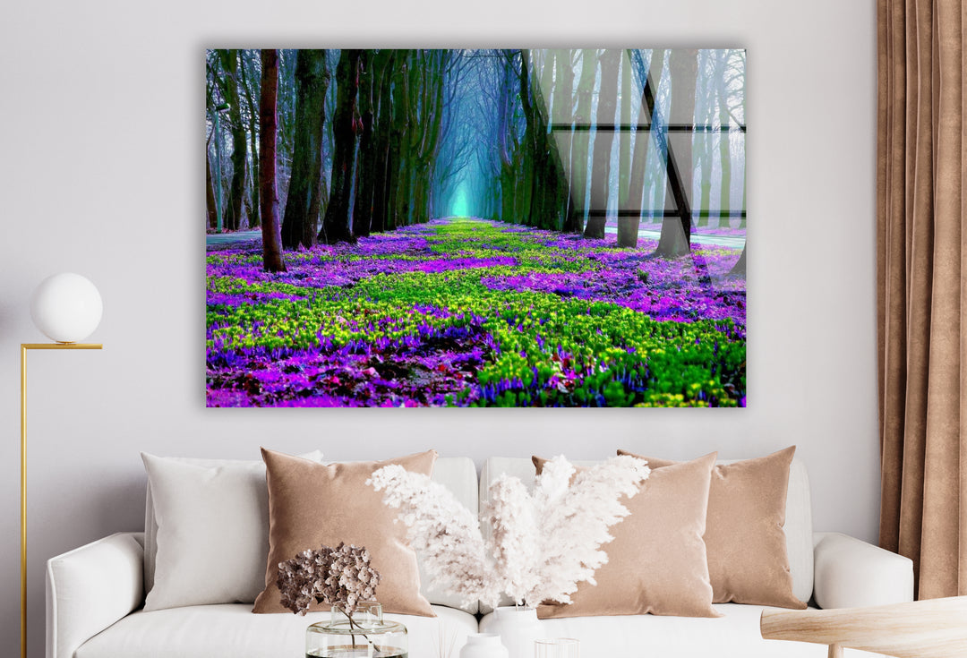 Flower Pathway Glass Wall Art – Serene Spring Landscape with Lush Blooming Flowers