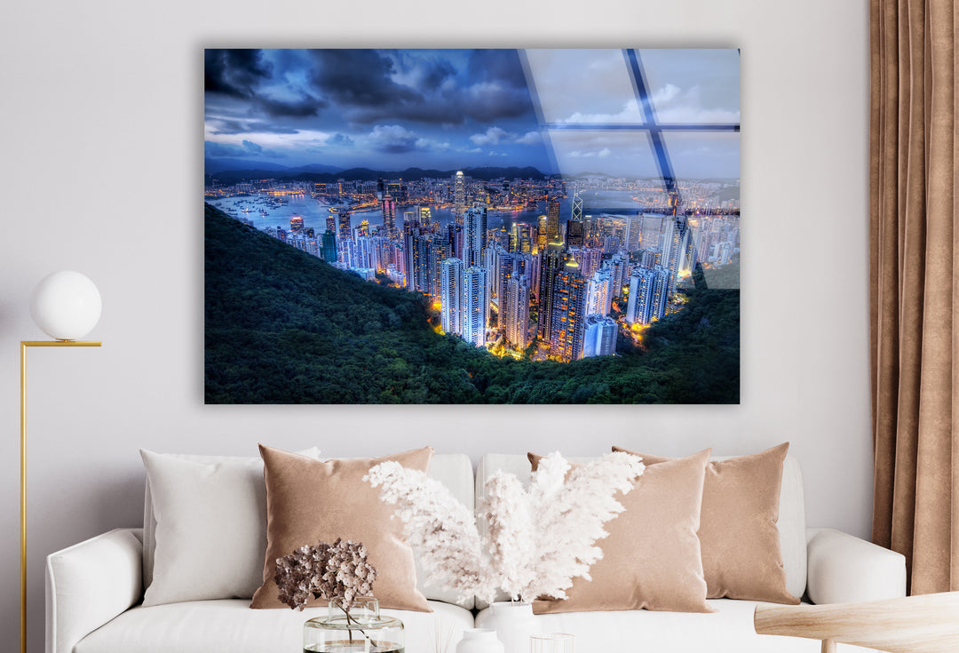 Hong Kong Skyline Glass Wall Art – Stunning View of City Lights & Harbor at Dusk