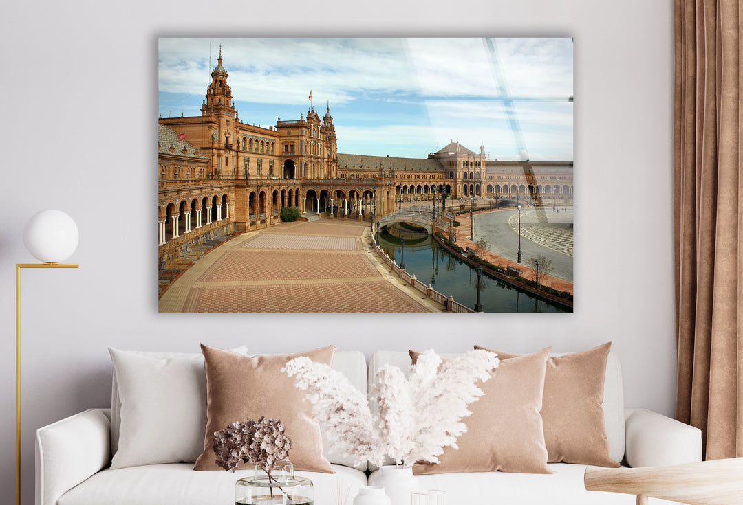 Plaza de España Glass Wall Art – Majestic Spanish Landmark with Scenic Canal View