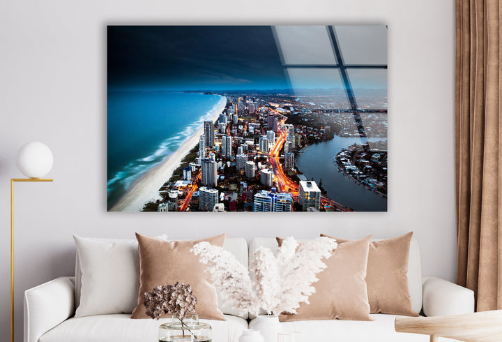 Gold Coast Skyline Glass Wall Art – Majestic View of Australian Coastal City at Night