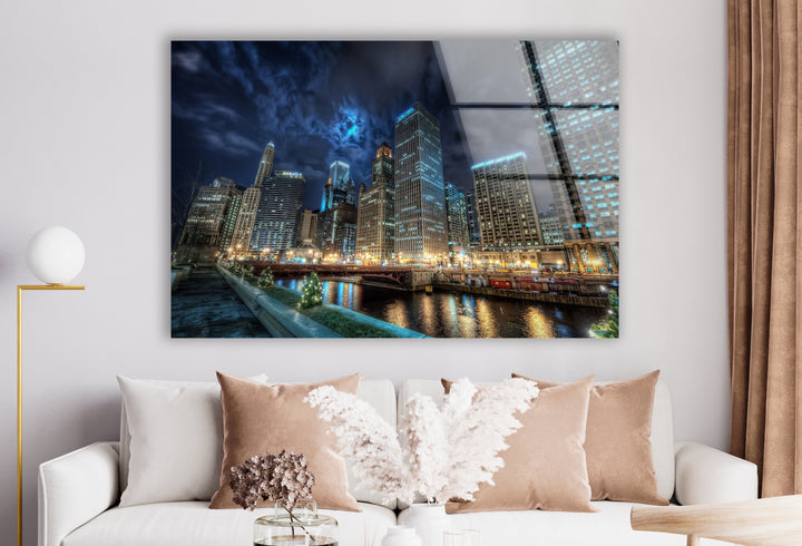 Chicago Skyline Glass Wall Art – Majestic View of Chicago's Iconic River & Skyscrapers at Night