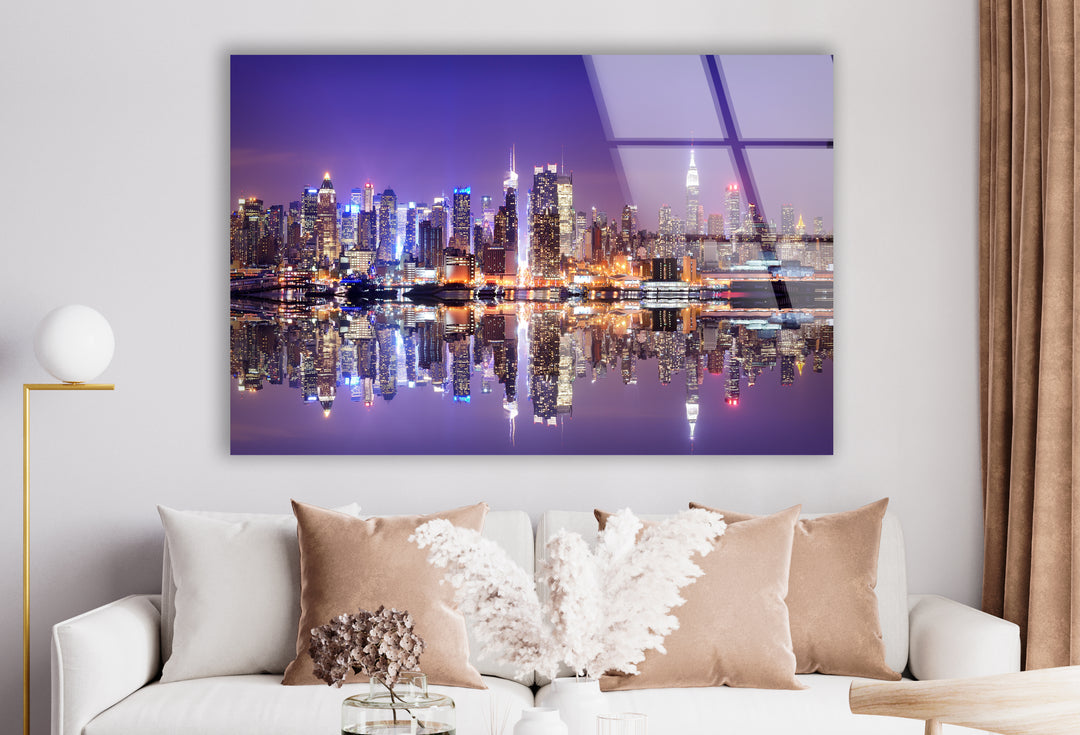 New York City Skyline Glass Wall Art – Iconic Manhattan Skyline with Stunning Waterfront Reflection