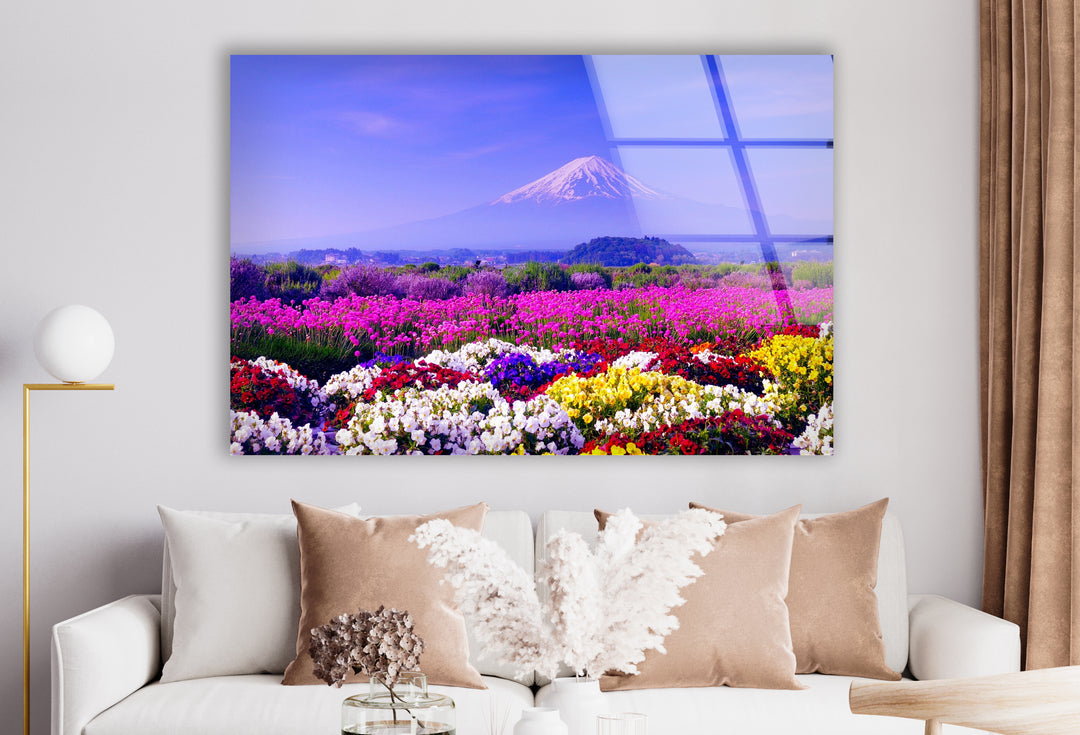 Mount Fuji and Flower Field Glass Wall Art – Majestic View of Japan’s Iconic Mountain & Blossoming Landscape