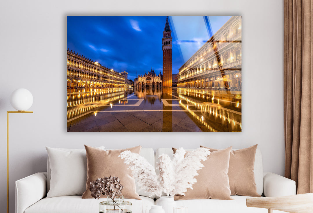 St. Mark's Square Glass Wall Art – Majestic Venice Landmark with Illuminated Campanile Tower