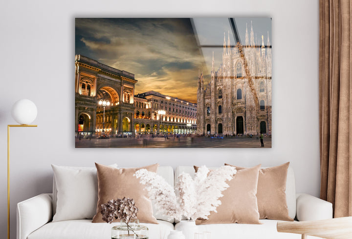 Milan Cityscape Glass Wall Art – Iconic Duomo Cathedral & Galleria Vittorio Emanuele at Dusk