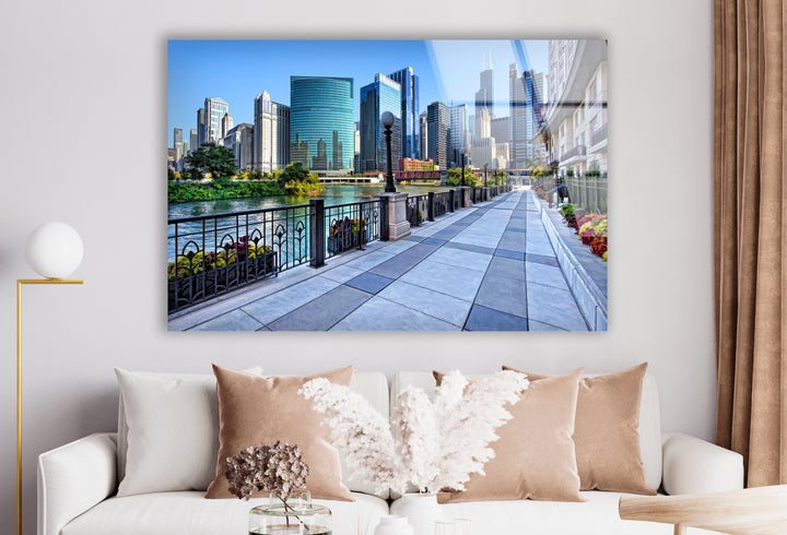 Chicago Riverwalk Glass Wall Art – Stunning View of Downtown Skyscrapers & Waterfront Path