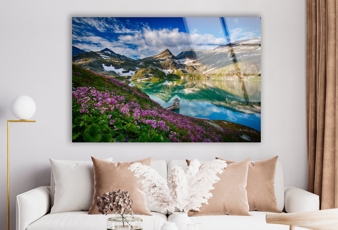 Norwegian Fjord Glass Wall Art – Majestic Mountain with Blossoming Flowers