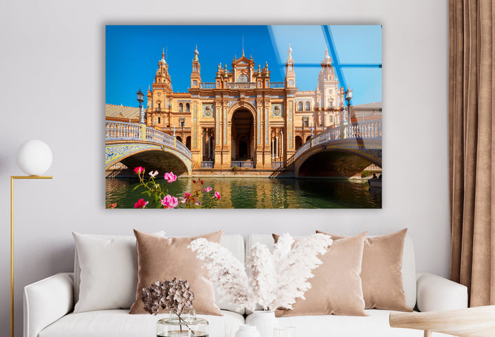 Plaza de España Glass Wall Art – Majestic Spanish Landmark with Scenic Canal