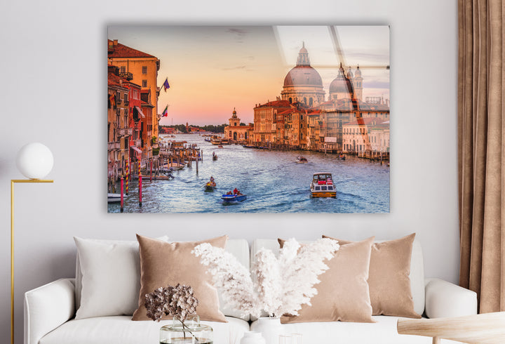 Venice Canal Glass Wall Art – Iconic Grand Canal View at Sunset with Boats