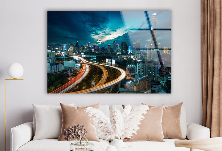 Bangkok Skyline Glass Wall Art – Stunning Night View of Thailand’s Iconic Cityscape