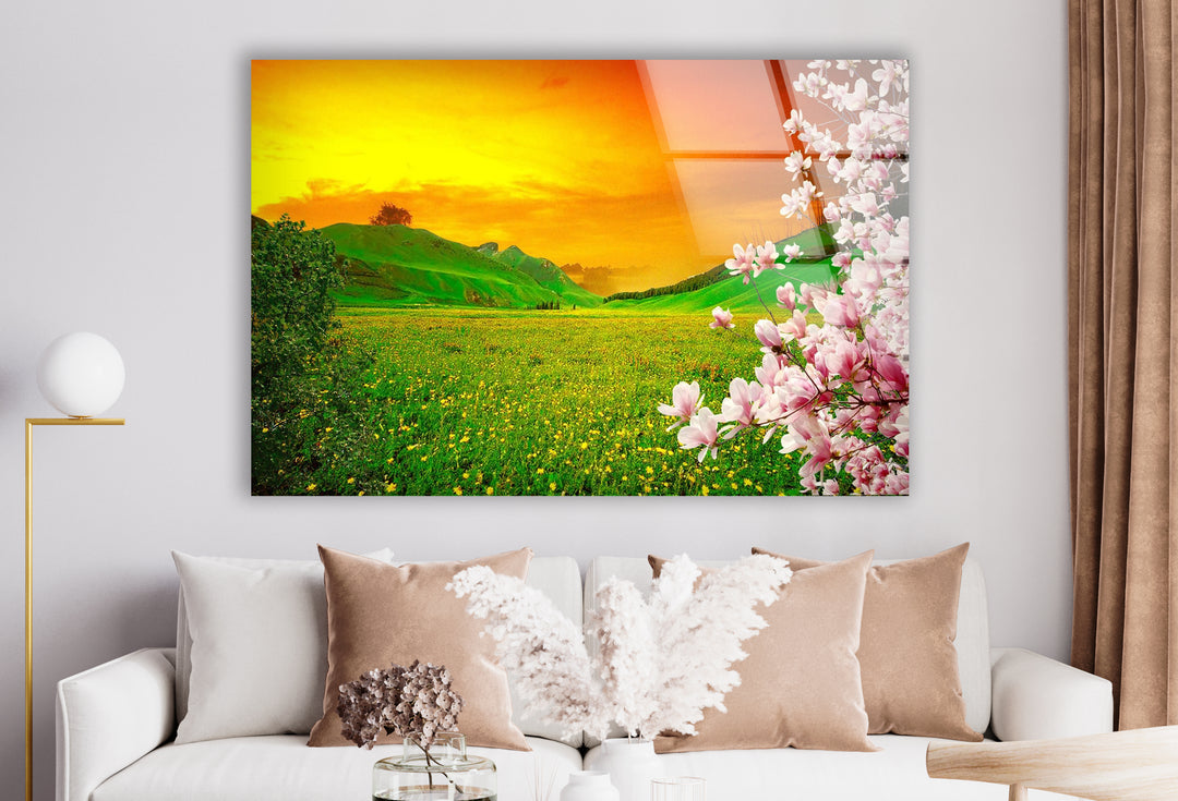 Sunset Meadow Glass Wall Art – Beautiful Spring Landscape with Blossoming Flowers