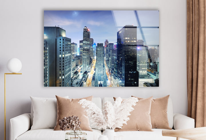 Chicago Skyline Glass Wall Art – Stunning Night View of Downtown Skyscrapers and Streets