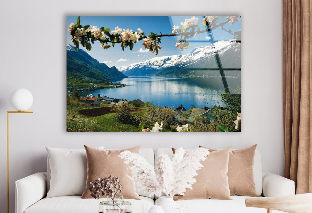 Norwegian Fjord Glass Wall Art – Majestic Mountain & Lake View with Blossoming Flowers