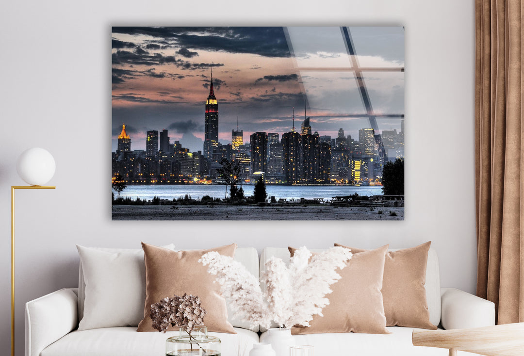 New York City Skyline Glass Wall Art – Stunning Evening View of Empire State Building & Downtown