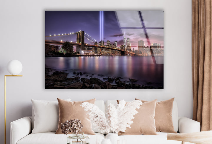 Brooklyn Bridge Glass Wall Art – Breathtaking NYC Skyline with Tribute in Light