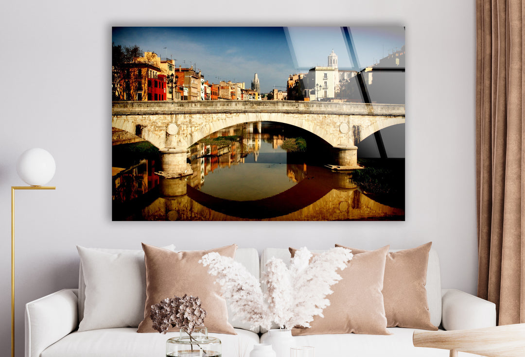 Girona Bridge Glass Wall Art – Scenic View of Spanish City with Reflection in River