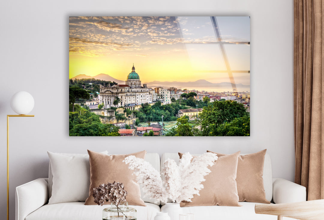 Sunset View of Naples Skyline Glass Wall Art – Iconic Italian Cityscape with Mt. Vesuvius View