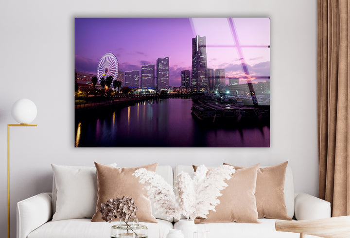 Yokohama City Skyline Glass Wall Art – Stunning Waterfront View with Ferris Wheel at Sunset