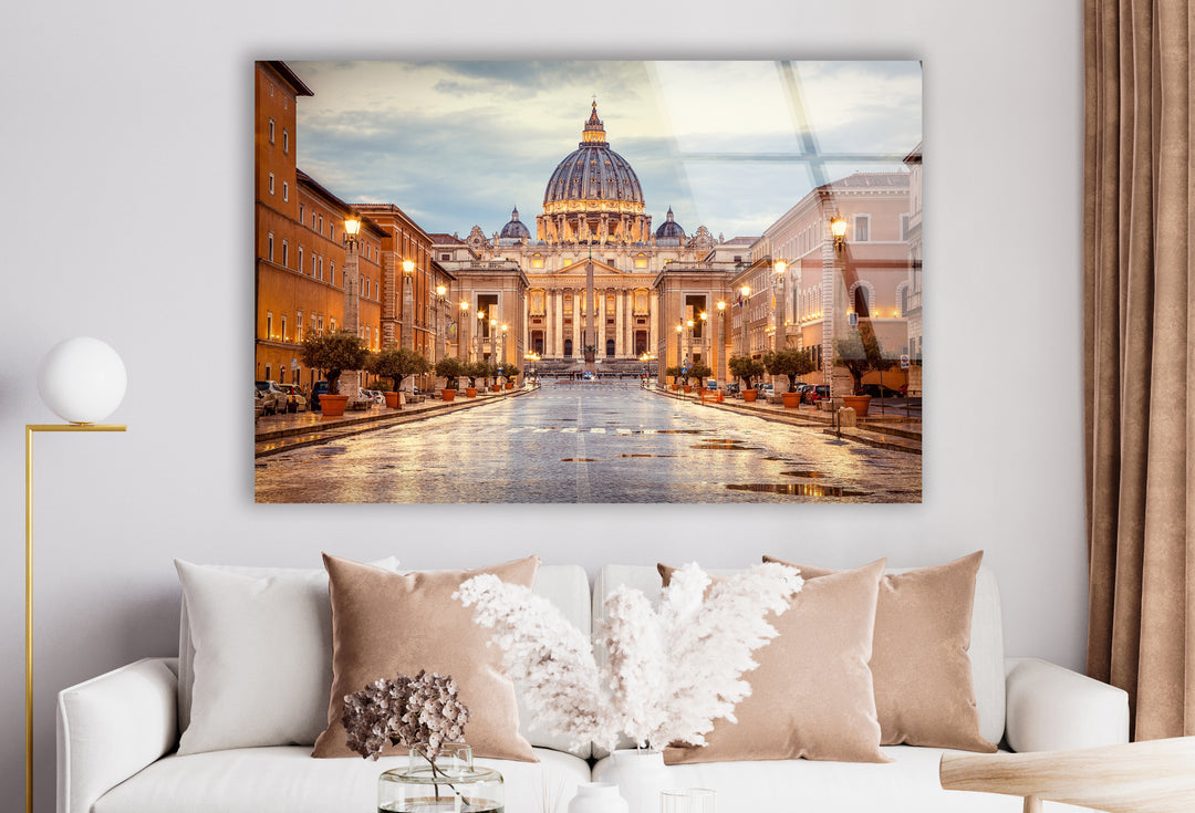 Vatican City Glass Wall Art – Majestic View of St. Peter's Basilica at Dusk