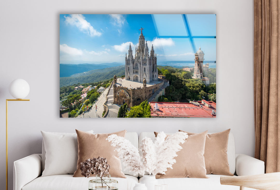 Tibidabo Cathedral Glass Wall Art – Majestic View of Barcelona’s Iconic Mountain & Church