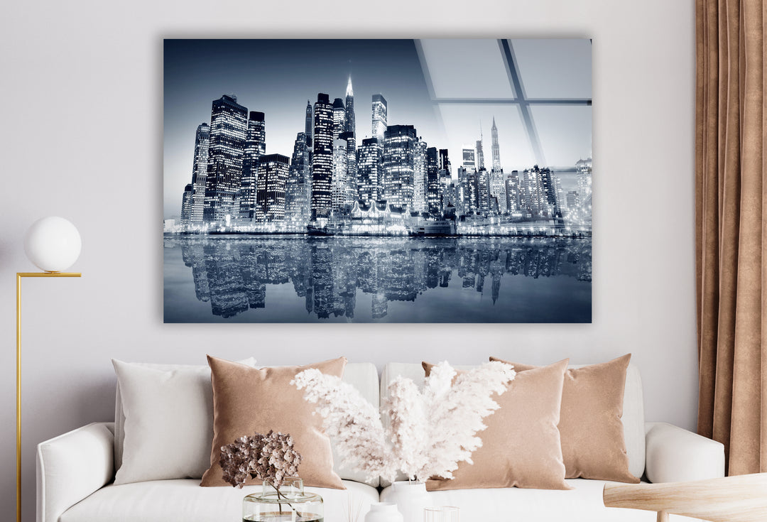 Black and White New York City Skyline Glass Wall Art – Iconic NYC View with Reflections