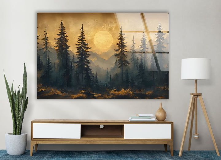 Sunset Forest Landscape Glass Wall Art custom glass pictures, glass art prints
