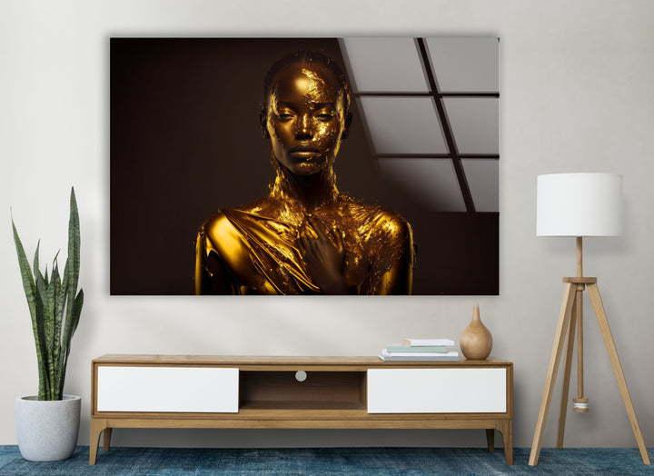 Portrait of a Woman Covered With Gold Glass Wall Art glass photo prints, glass picture prints
