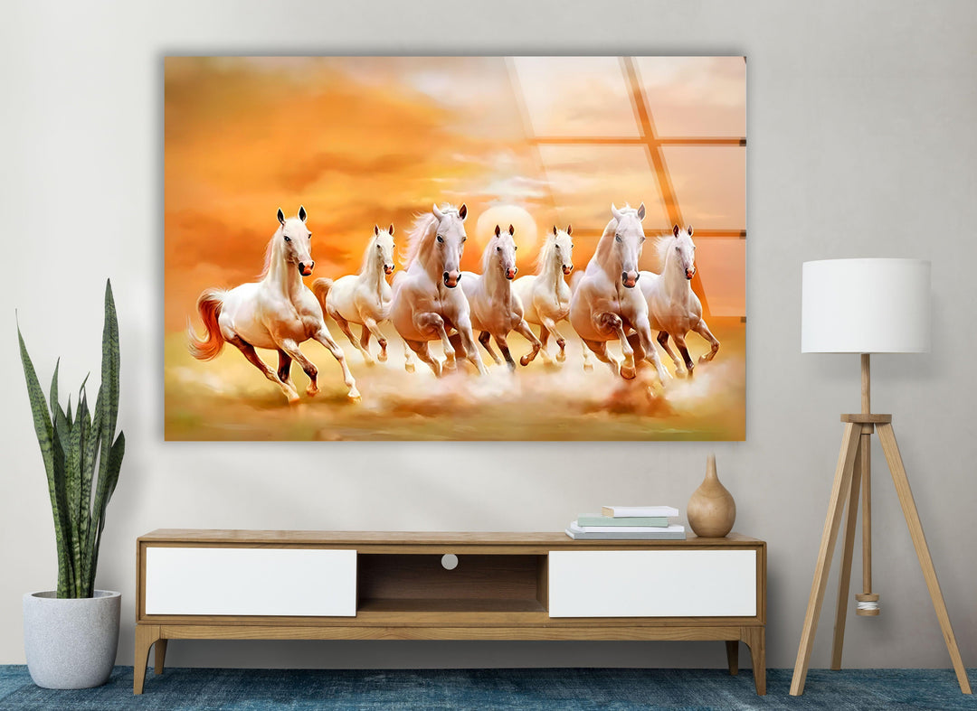 White Horses Running on Sunset Glass Wall Art photo print on glass, prints on glass wall art
