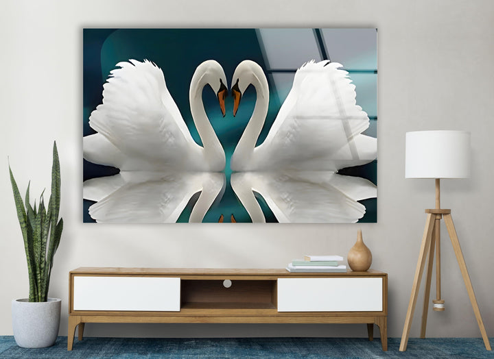 Couple Heart Swans Glass Wall Art custom glass photo prints, large glass prints
