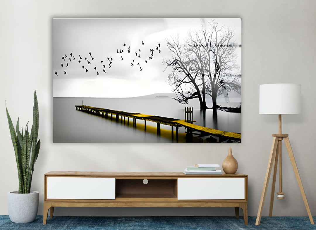 Black & White Dock and Birds Glass Wall Art glass art painting, glass art for the Wall
